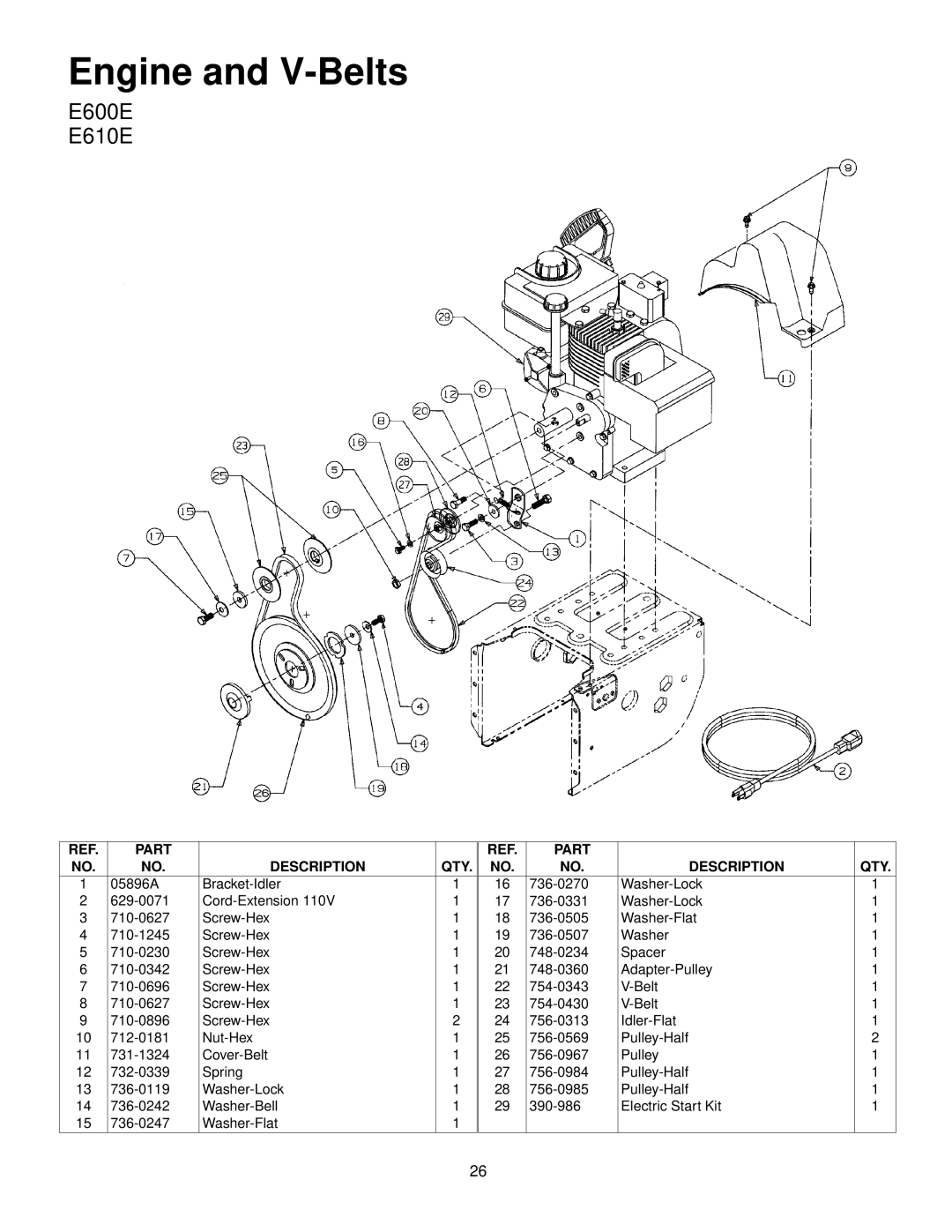 MTD E610E, E660G, E640F manual Engine and V-Belts 