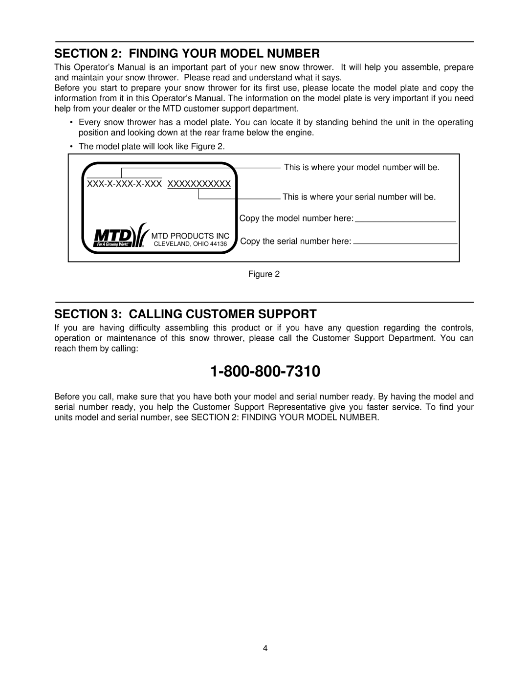 MTD E640F, E660G, E610E manual Finding Your Model Number, Calling Customer Support 