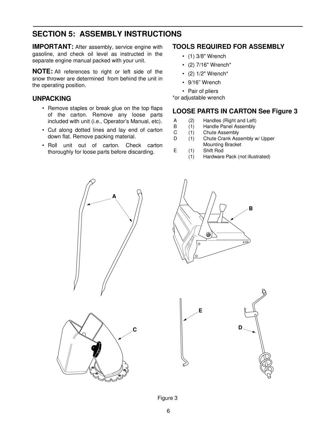 MTD E660G, E640F, E610E Assembly Instructions, Unpacking, Tools Required for Assembly, Loose Parts in Carton See Figure 