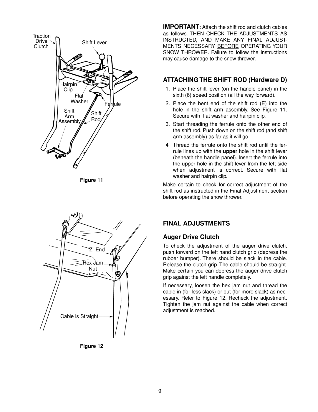 MTD E660G, E640F, E610E manual Attaching the Shift ROD Hardware D, Final Adjustments, Auger Drive Clutch 