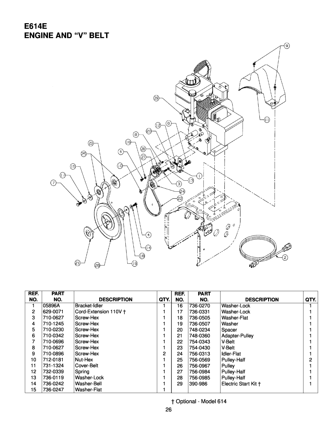 MTD E602E, E662E, E642F manual E614E ENGINE AND “V” BELT, † Optional - Model 