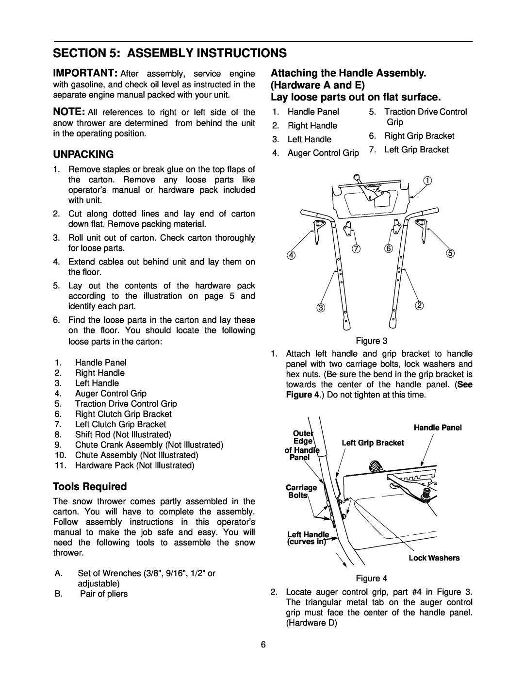 MTD E602E, E662E, E642F Assembly Instructions, Unpacking, Tools Required, Attaching the Handle Assembly. Hardware A and E 
