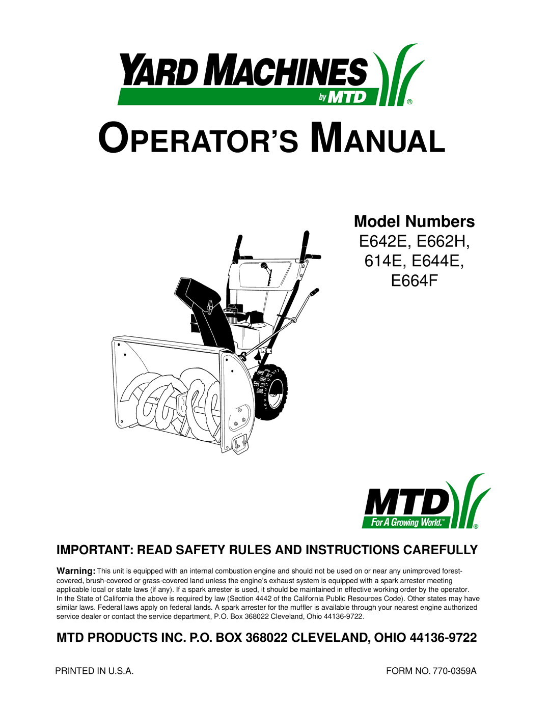 MTD E642F manual Important Read Safety Rules and Instructions Carefully, MTD Products INC. P.O. BOX 368022 CLEVELAND, Ohio 