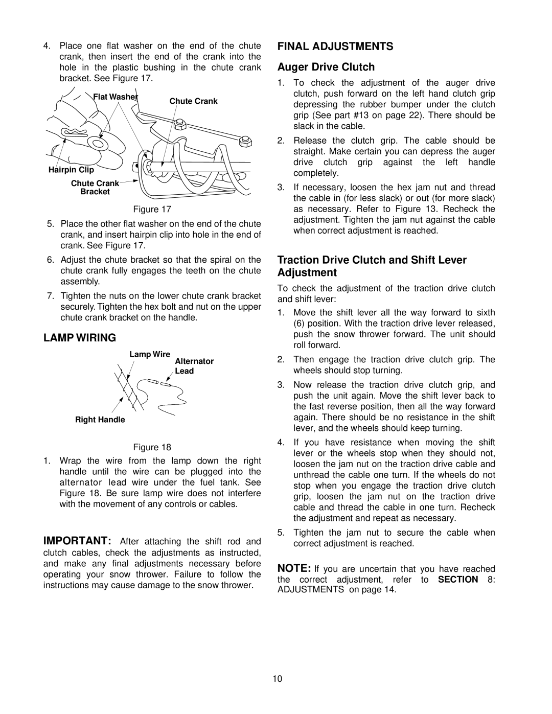 MTD E602E, E662E manual Lamp Wiring, Final Adjustments, Auger Drive Clutch, Traction Drive Clutch and Shift Lever Adjustment 