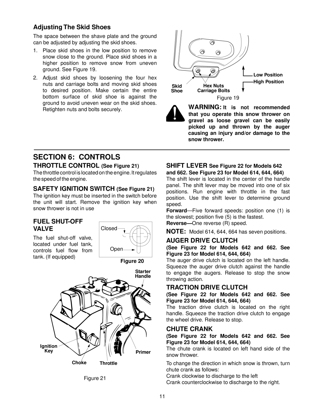 MTD E614E, E662E, E642F, E602E manual Controls, Fuel SHUT-OFF Valve, Auger Drive Clutch, Traction Drive Clutch, Chute Crank 