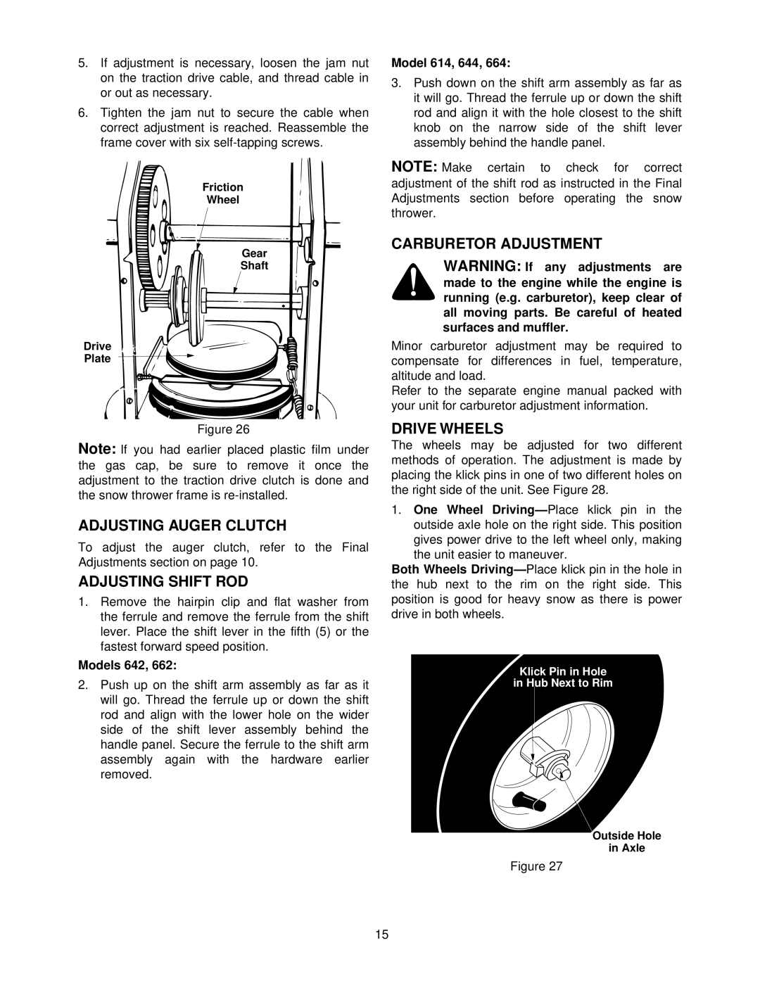 MTD E614E, E662E, E642F, E602E manual Adjusting Auger Clutch, Adjusting Shift ROD, Carburetor Adjustment, Drive Wheels 