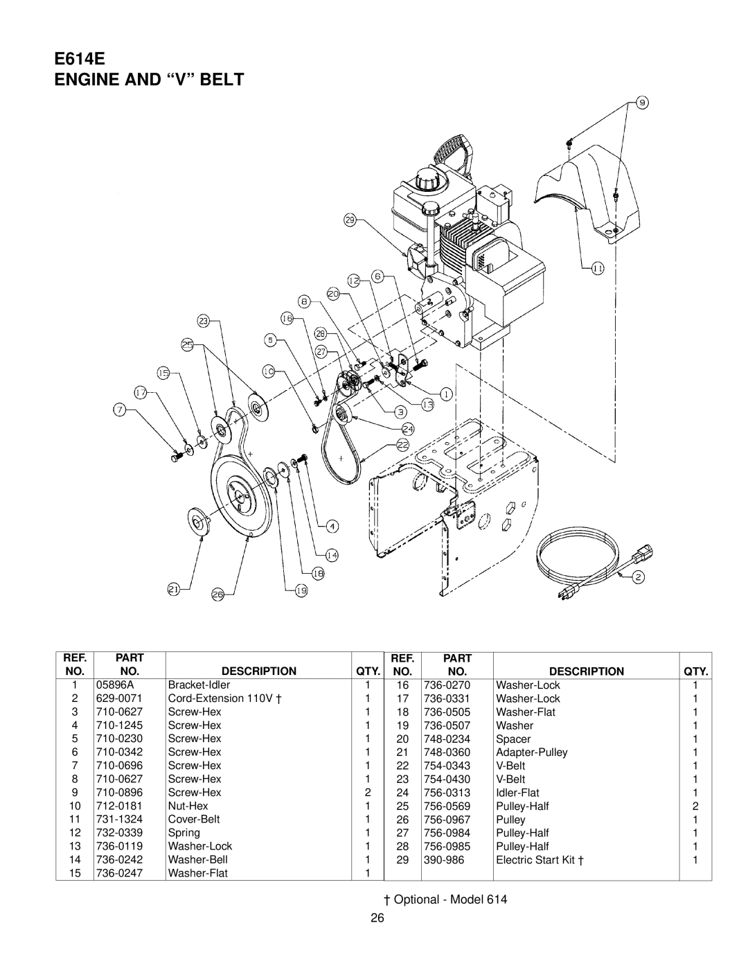 MTD E602E, E662E, E642F, E614E manual Engine and V Belt 