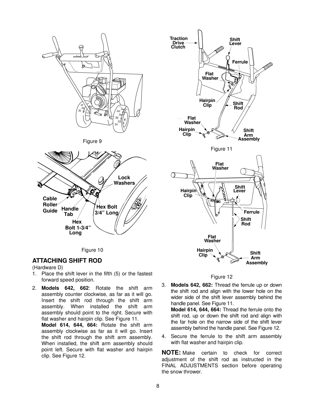 MTD E662E, E642F, E602E, E614E manual Attaching Shift ROD, Lock Washers Cable Roller, Guide, Tab, Hex Bolt 1-3/4 Long 