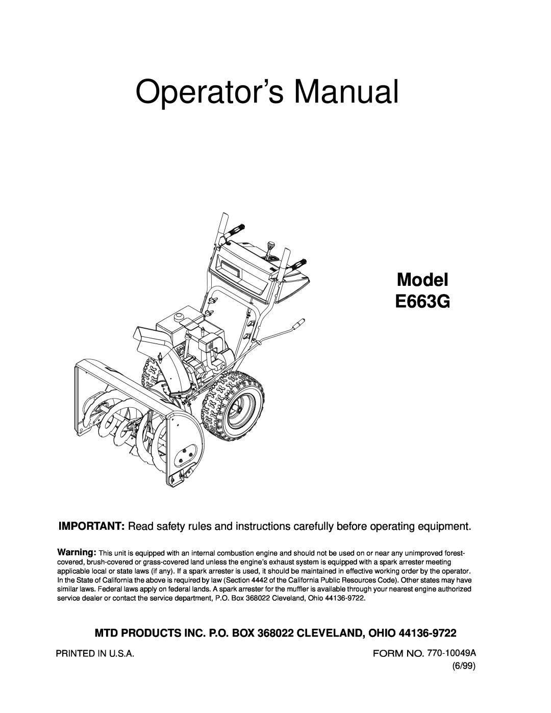 MTD manual Operator’s Manual, Model E663G, MTD PRODUCTS INC. P.O. BOX 368022 CLEVELAND, OHIO 