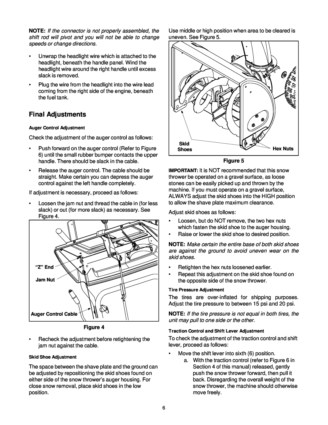 MTD E663G manual Final Adjustments, Auger Control Adjustment, Skid Shoe Adjustment, Tire Pressure Adjustment 