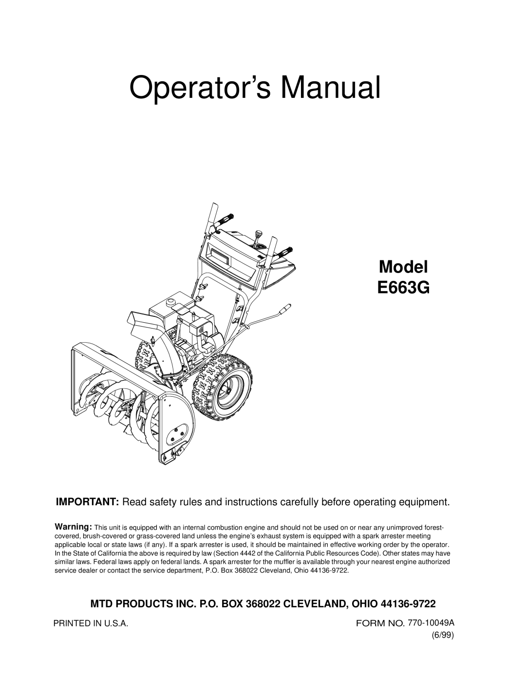 MTD E663G manual Operator’s Manual 