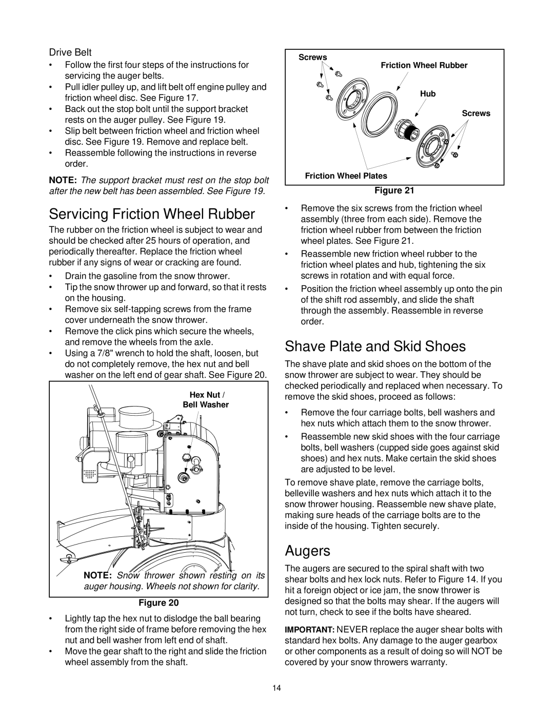 MTD E663G manual Servicing Friction Wheel Rubber, Shave Plate and Skid Shoes, Augers, Drive Belt 