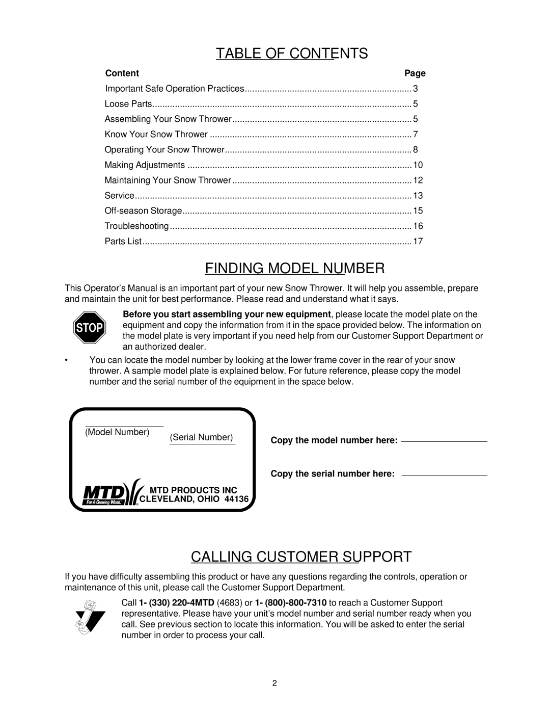 MTD E663G manual Table of Contents 