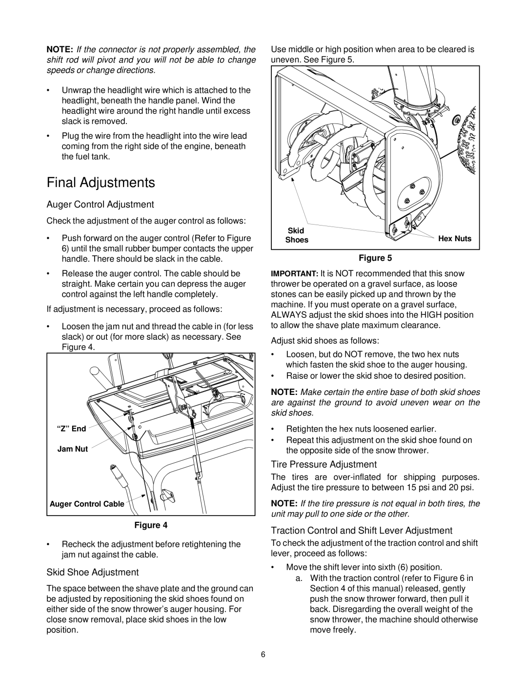 MTD E663G manual Final Adjustments, Auger Control Adjustment, Skid Shoe Adjustment, Tire Pressure Adjustment 