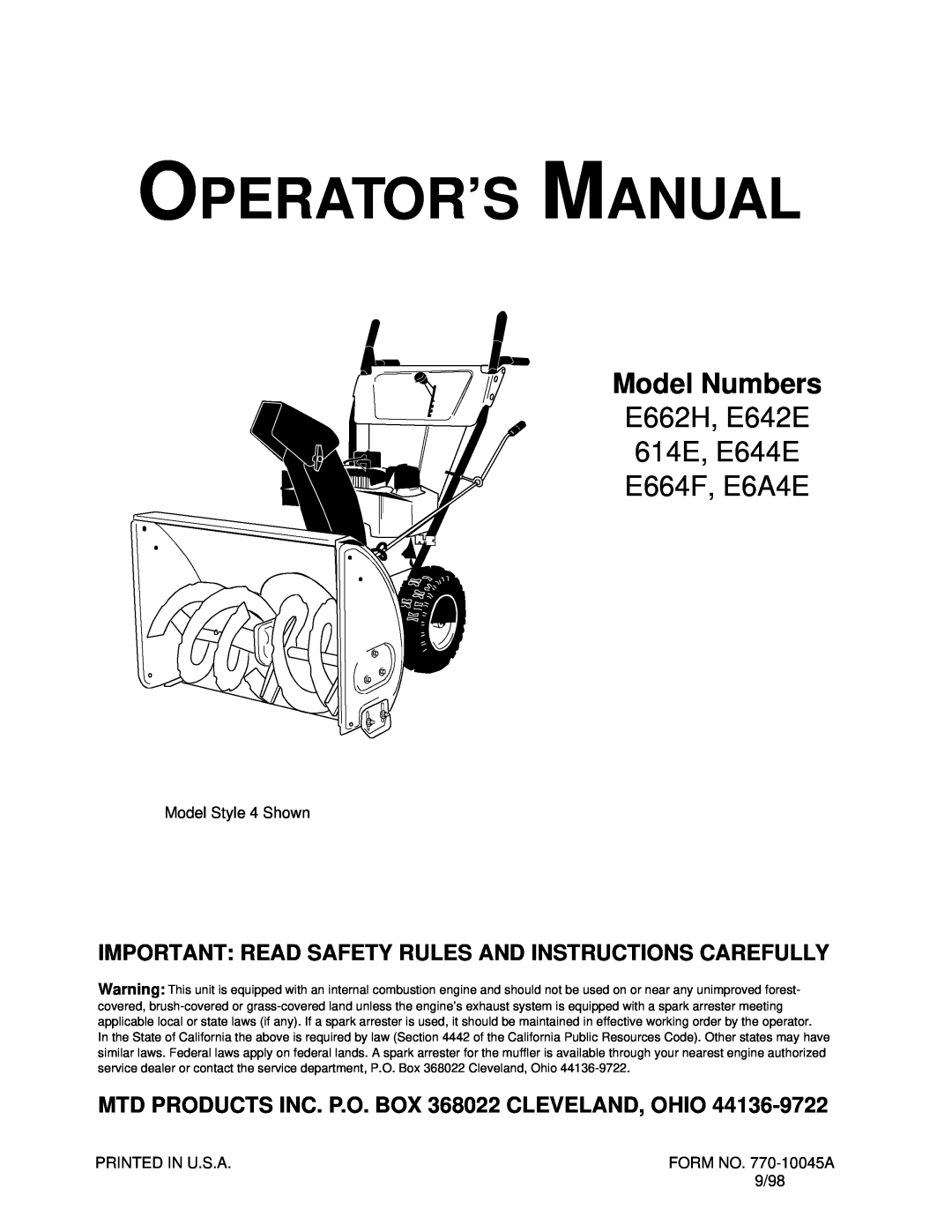 MTD E6A4E, E664F, E662H manual Model Numbers, Important Read Safety Rules And Instructions Carefully, Operator’S Manual 