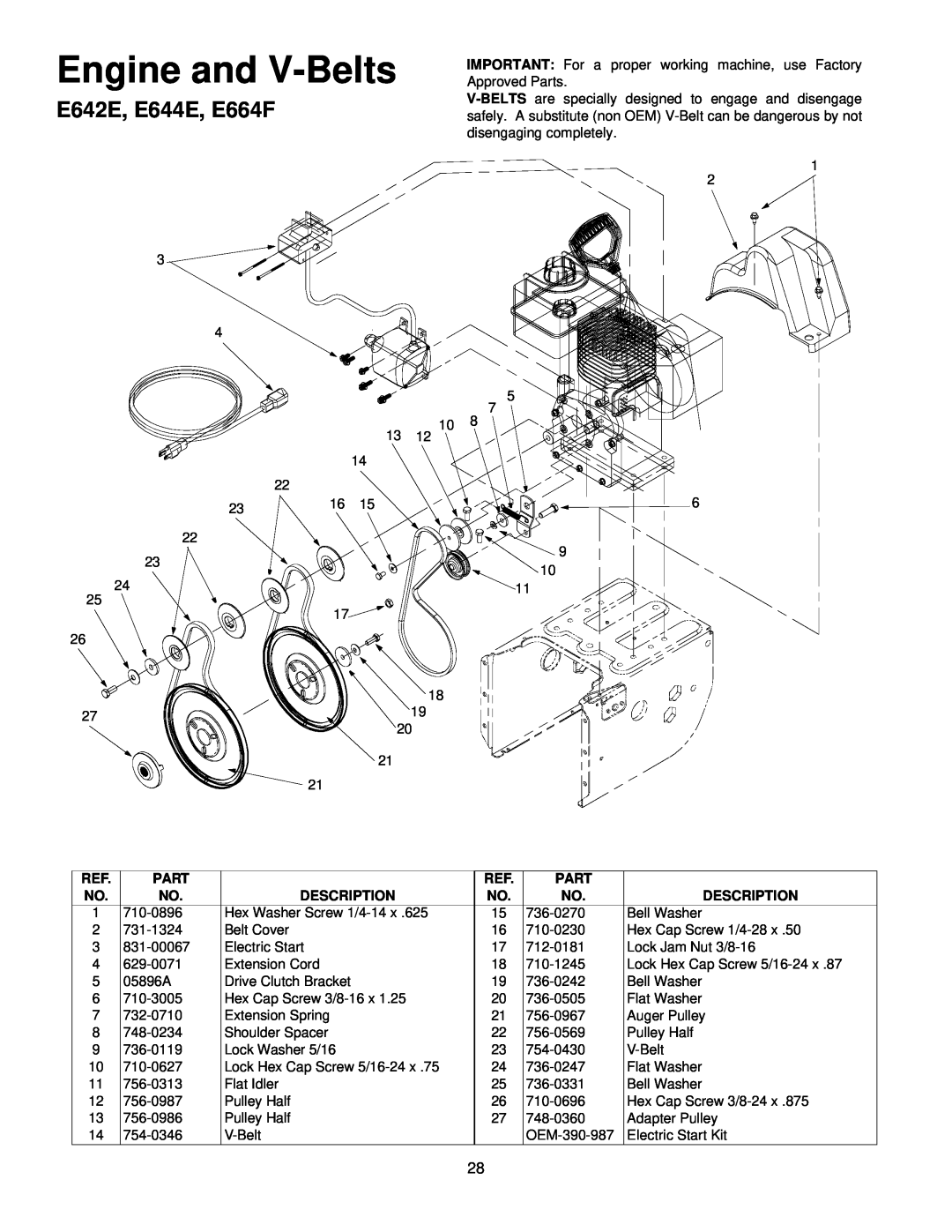 MTD E6A4E, E662H manual E642E, E644E, E664F, Engine and V-Belts 