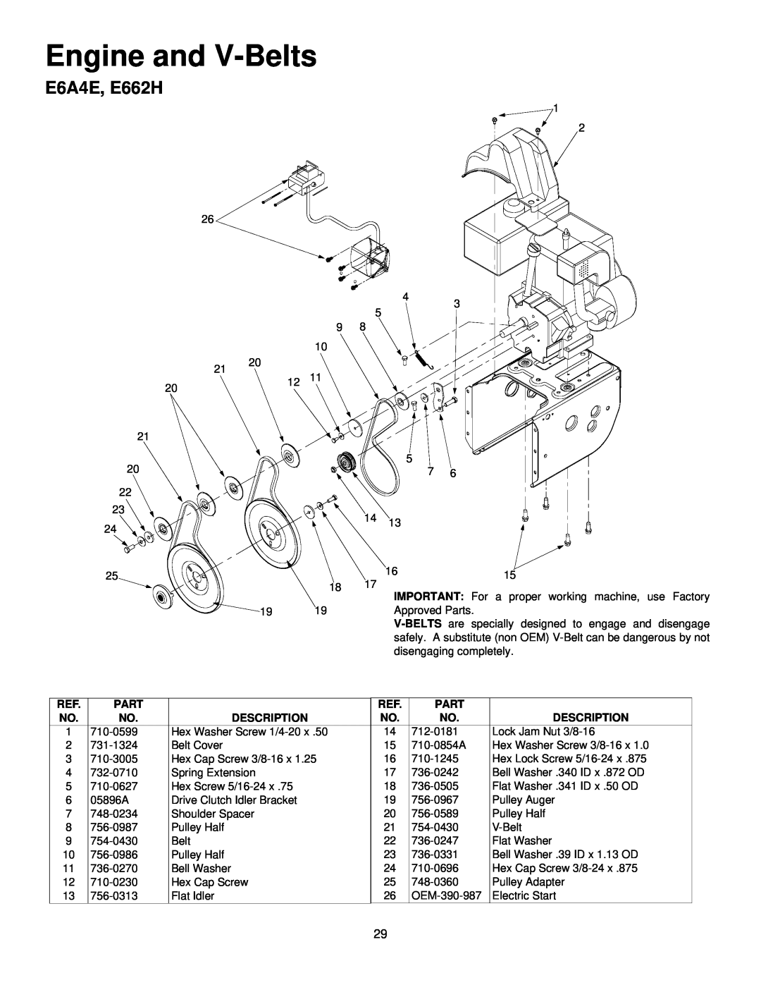 MTD E642E, E664F, E644E manual E6A4E, E662H, Engine and V-Belts 
