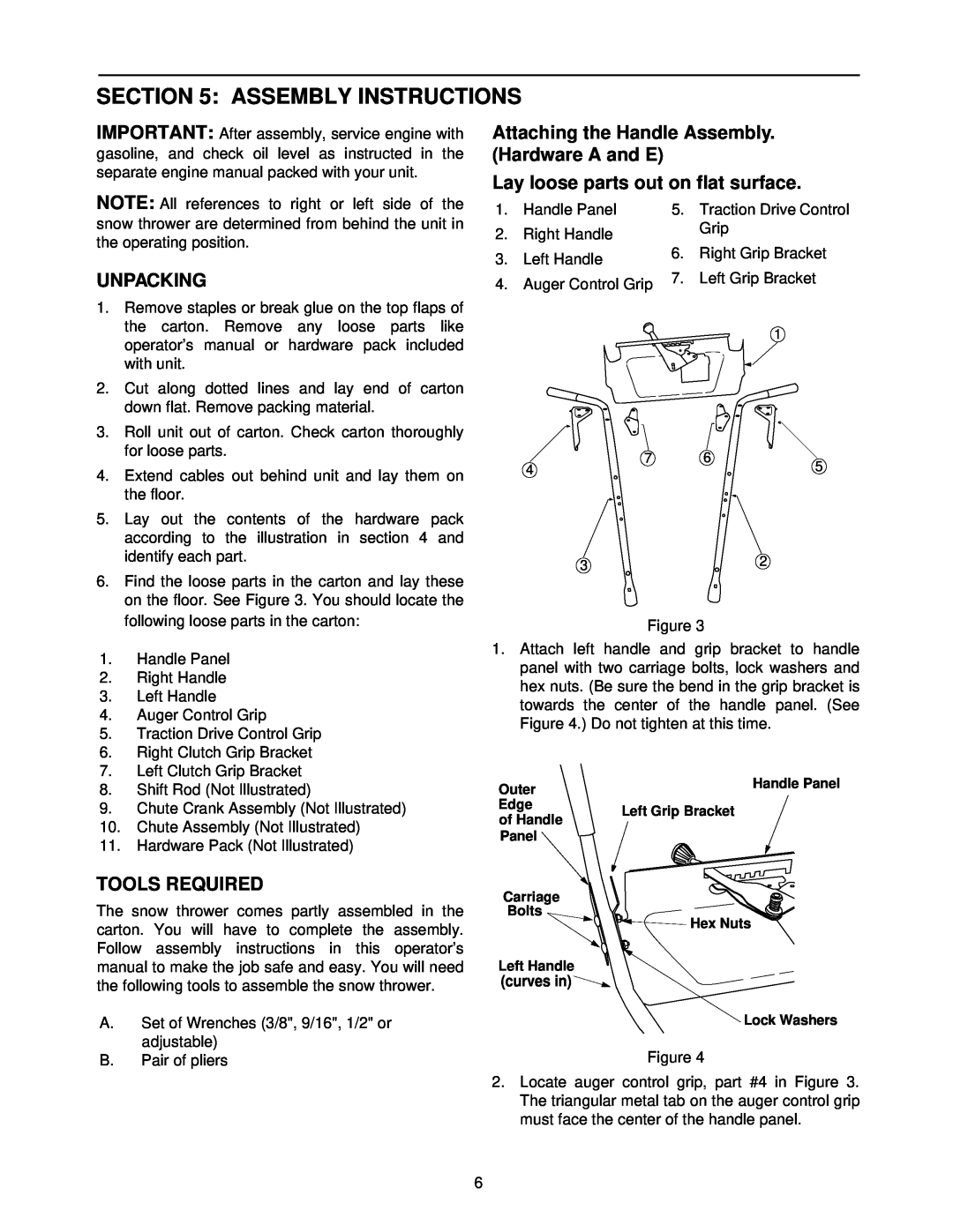 MTD E6A4E Assembly Instructions, Unpacking, Attaching the Handle Assembly. Hardware A and E, Tools Required, curves in 