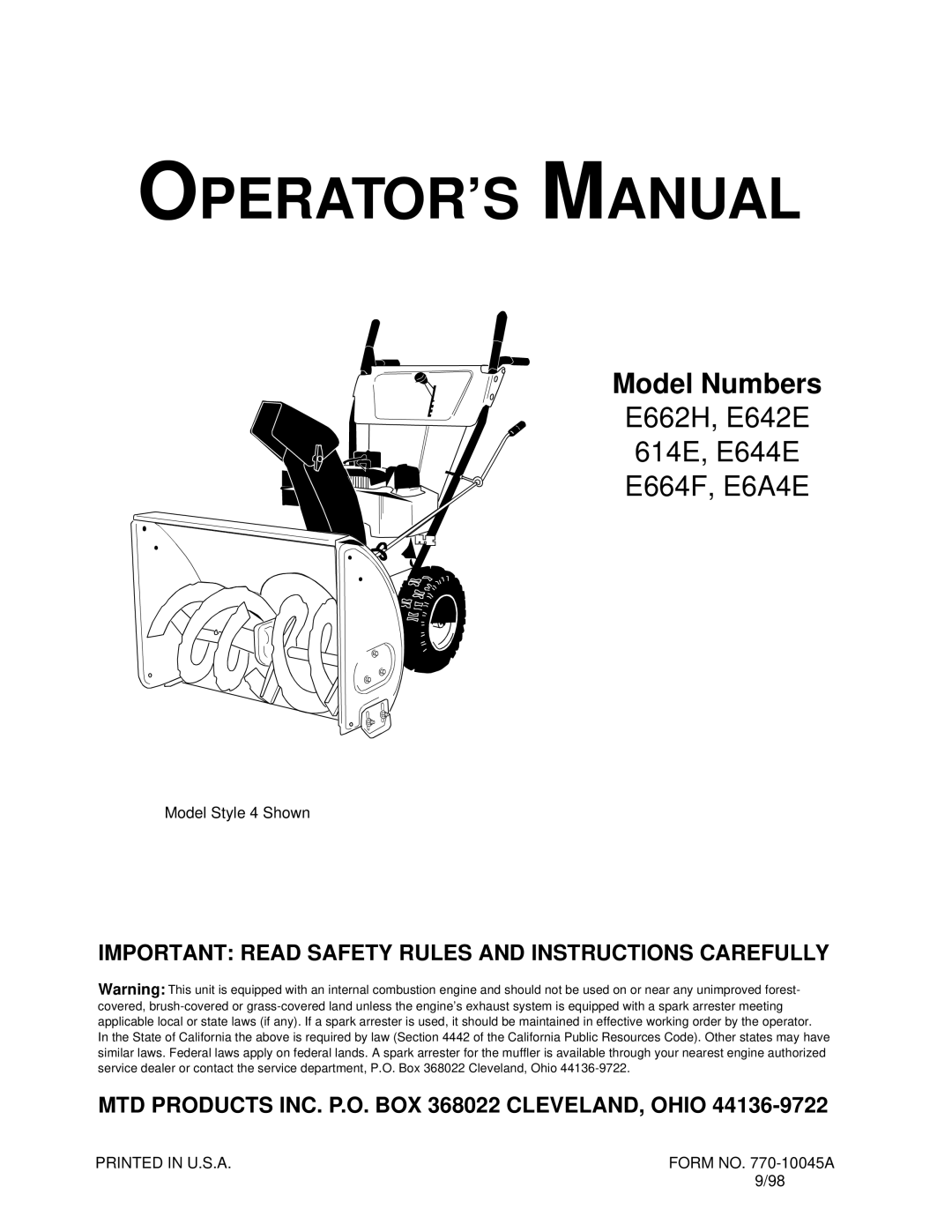 MTD E6A4E manual Important Read Safety Rules and Instructions Carefully, MTD Products INC. P.O. BOX 368022 CLEVELAND, Ohio 