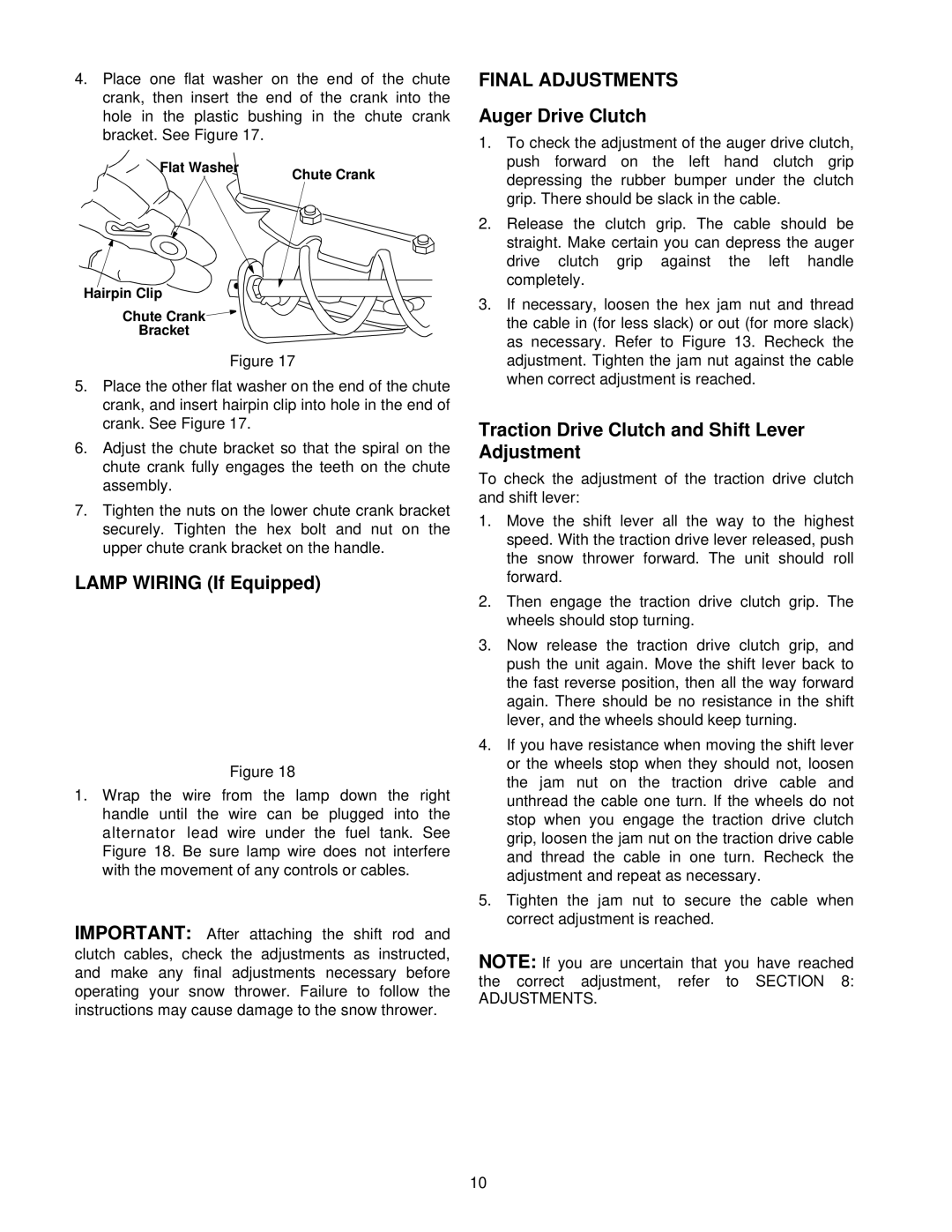 MTD E664F Lamp Wiring If Equipped, Final Adjustments, Auger Drive Clutch, Traction Drive Clutch and Shift Lever Adjustment 