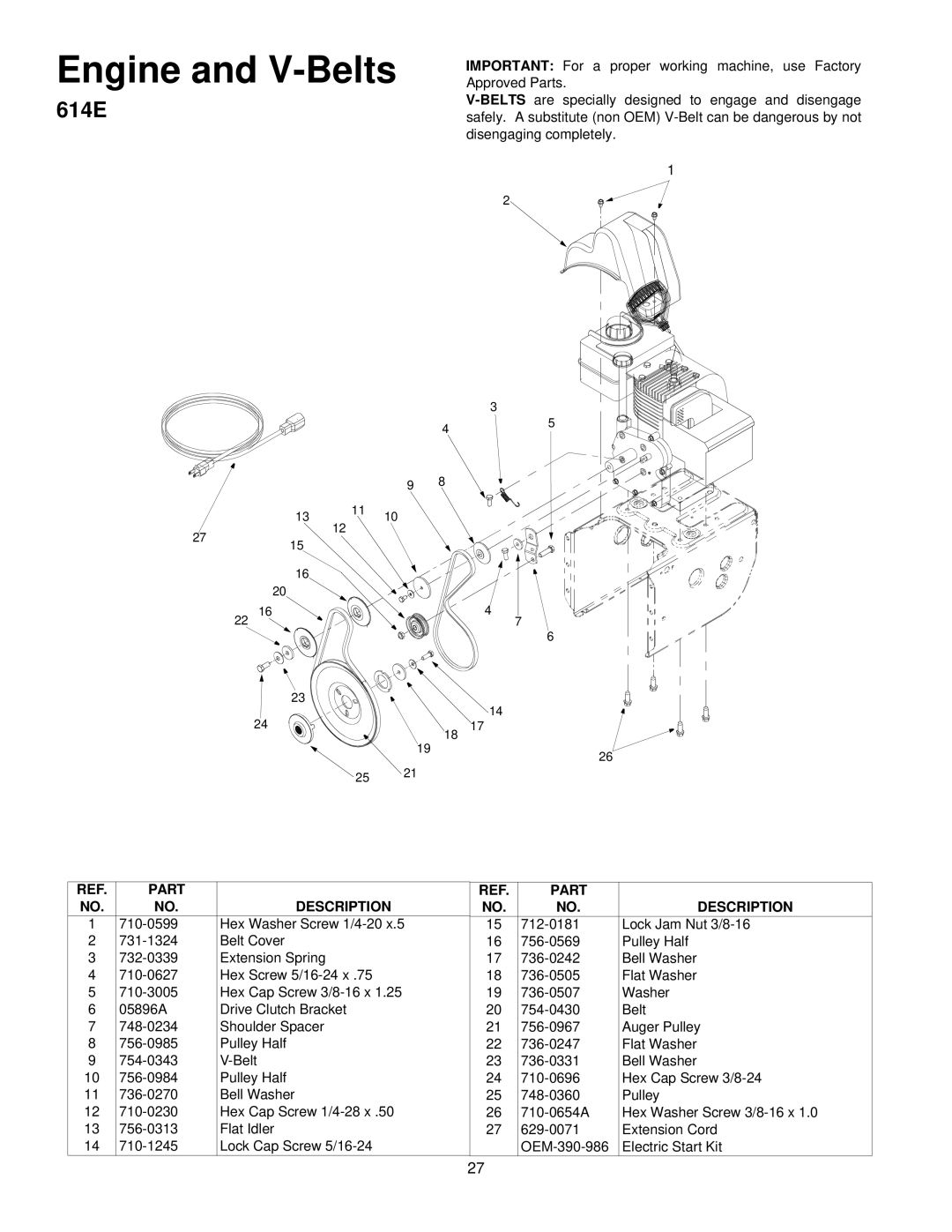 MTD E662H, E664F, E6A4E, E644E, E642E manual Engine and V-Belts 