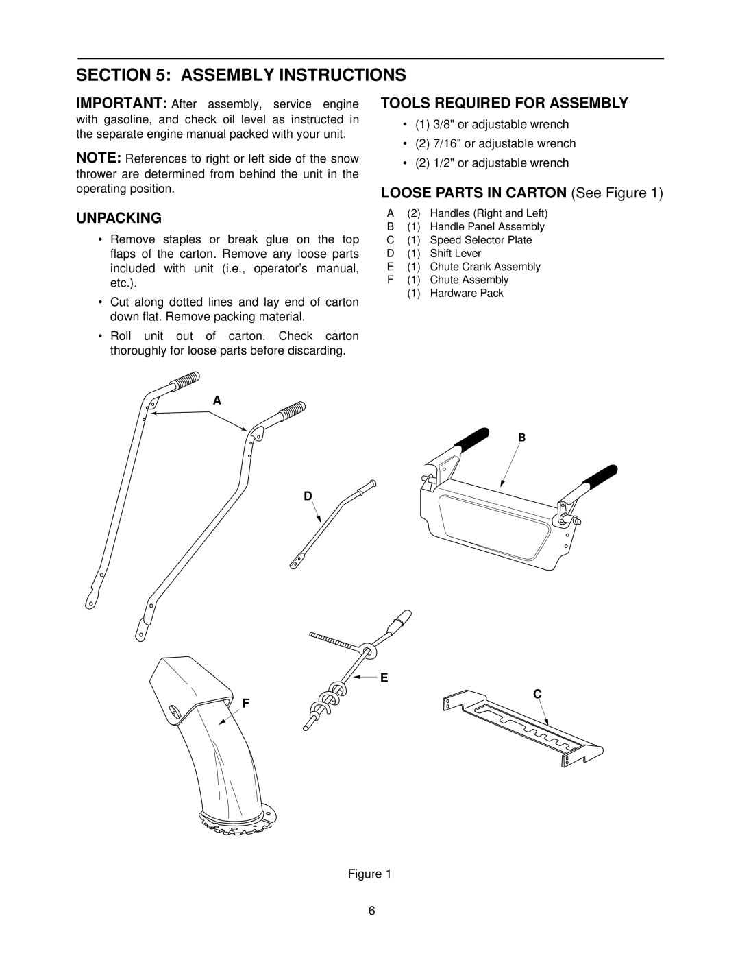 MTD E665E, E645E, 615 manual Assembly Instructions, Unpacking, Tools Required for Assembly, Loose Parts in Carton See Figure 