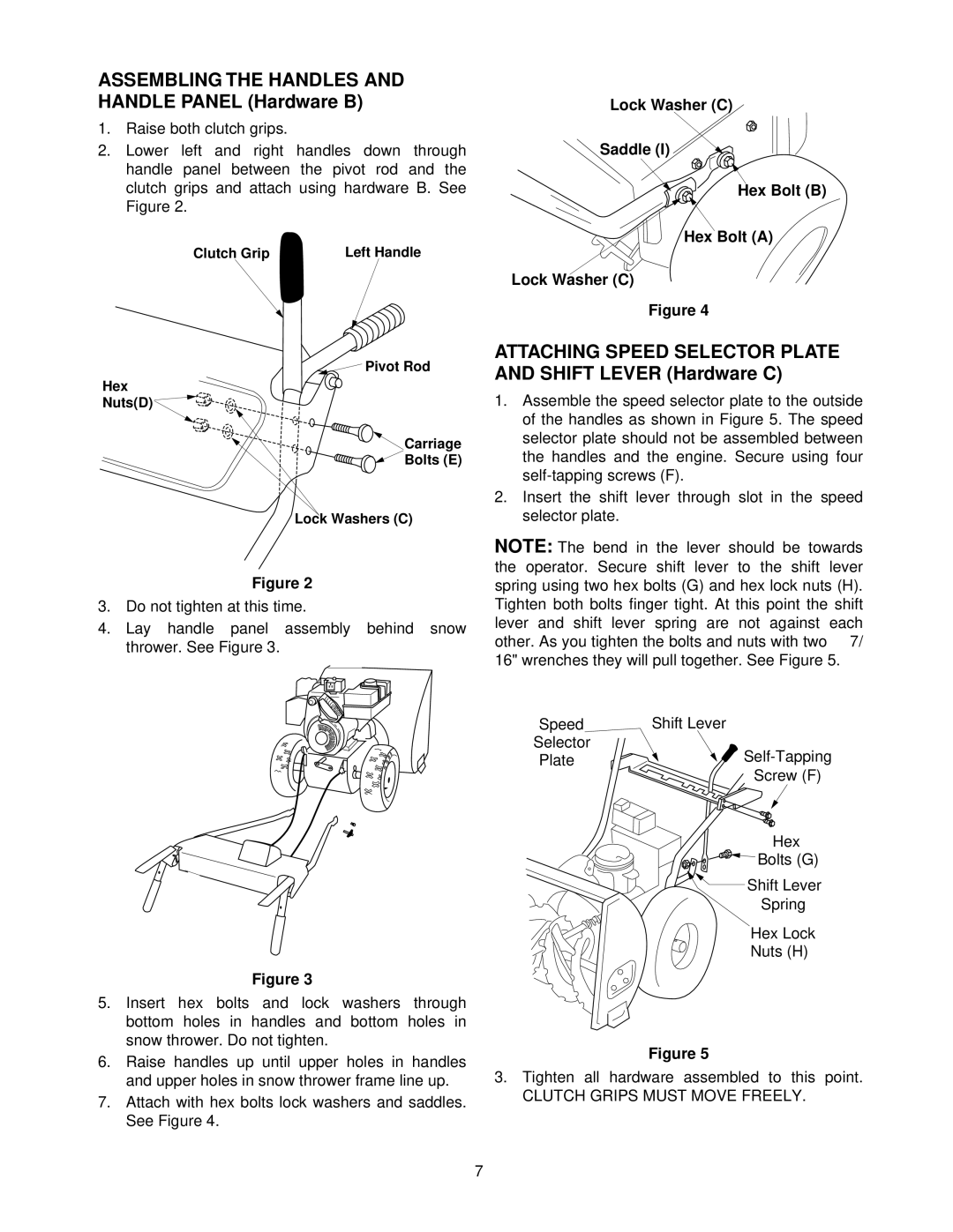 MTD E645E Assembling the Handles and Handle Panel Hardware B, Attaching Speed Selector Plate and Shift Lever Hardware C 