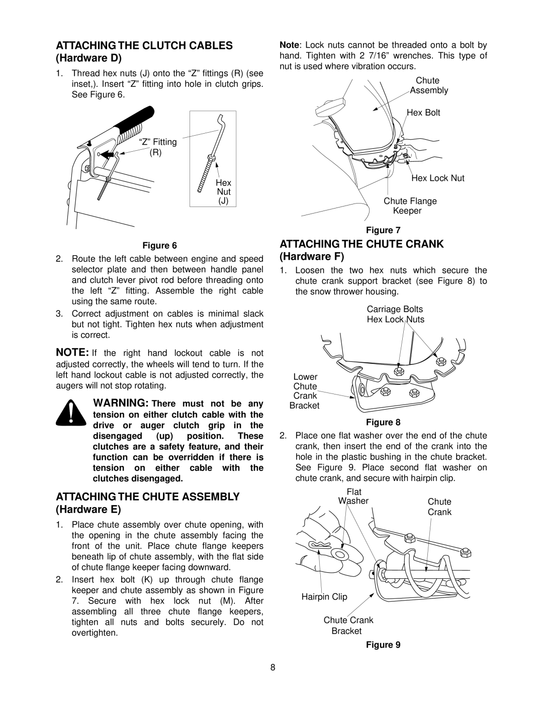 MTD 615, E665E, E645E manual Attaching the Clutch Cables Hardware D, Attaching the Chute Assembly Hardware E 