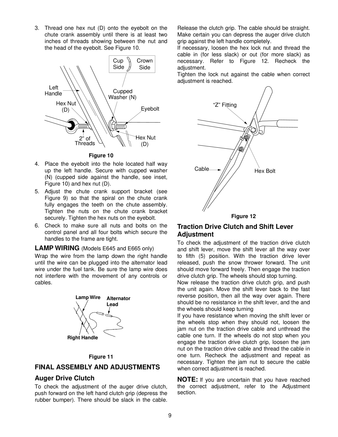 MTD E665E, E645E, 615 Final Assembly and Adjustments, Auger Drive Clutch, Traction Drive Clutch and Shift Lever Adjustment 