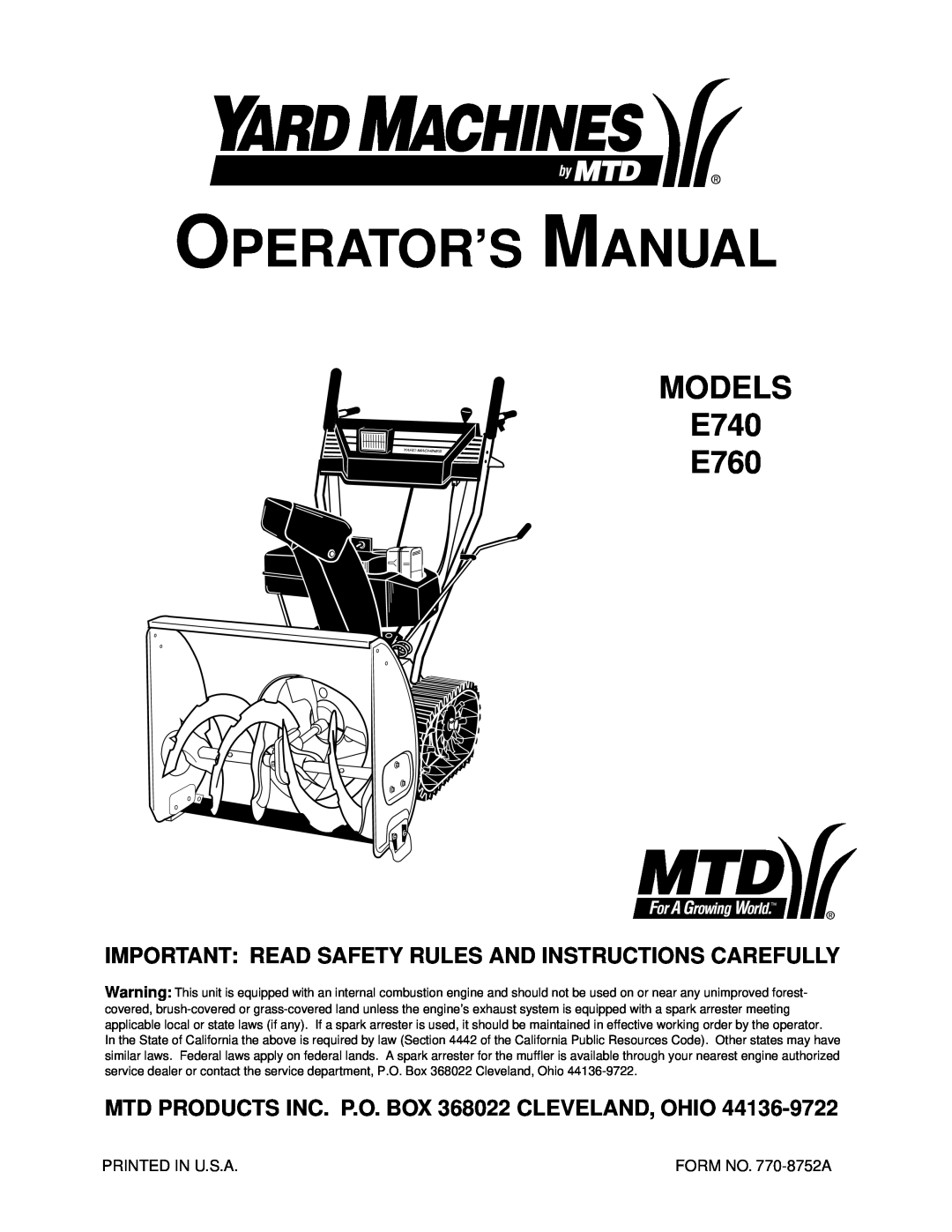MTD E760 manual Important Read Safety Rules And Instructions Carefully, MTD PRODUCTS INC. P.O. BOX 368022 CLEVELAND, OHIO 