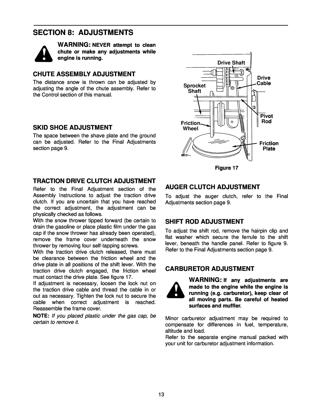 MTD E760, E740 manual Adjustments, Chute Assembly Adjustment, Skid Shoe Adjustment, Traction Drive Clutch Adjustment 