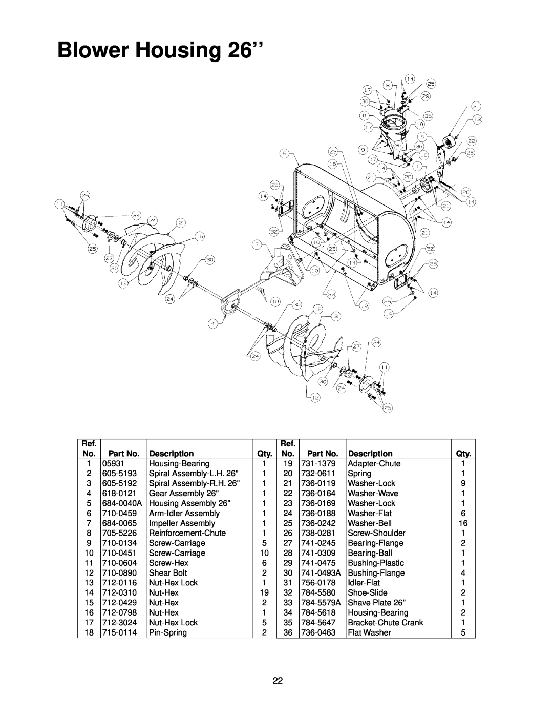 MTD E740, E760 manual Blower Housing 26’’, Description 