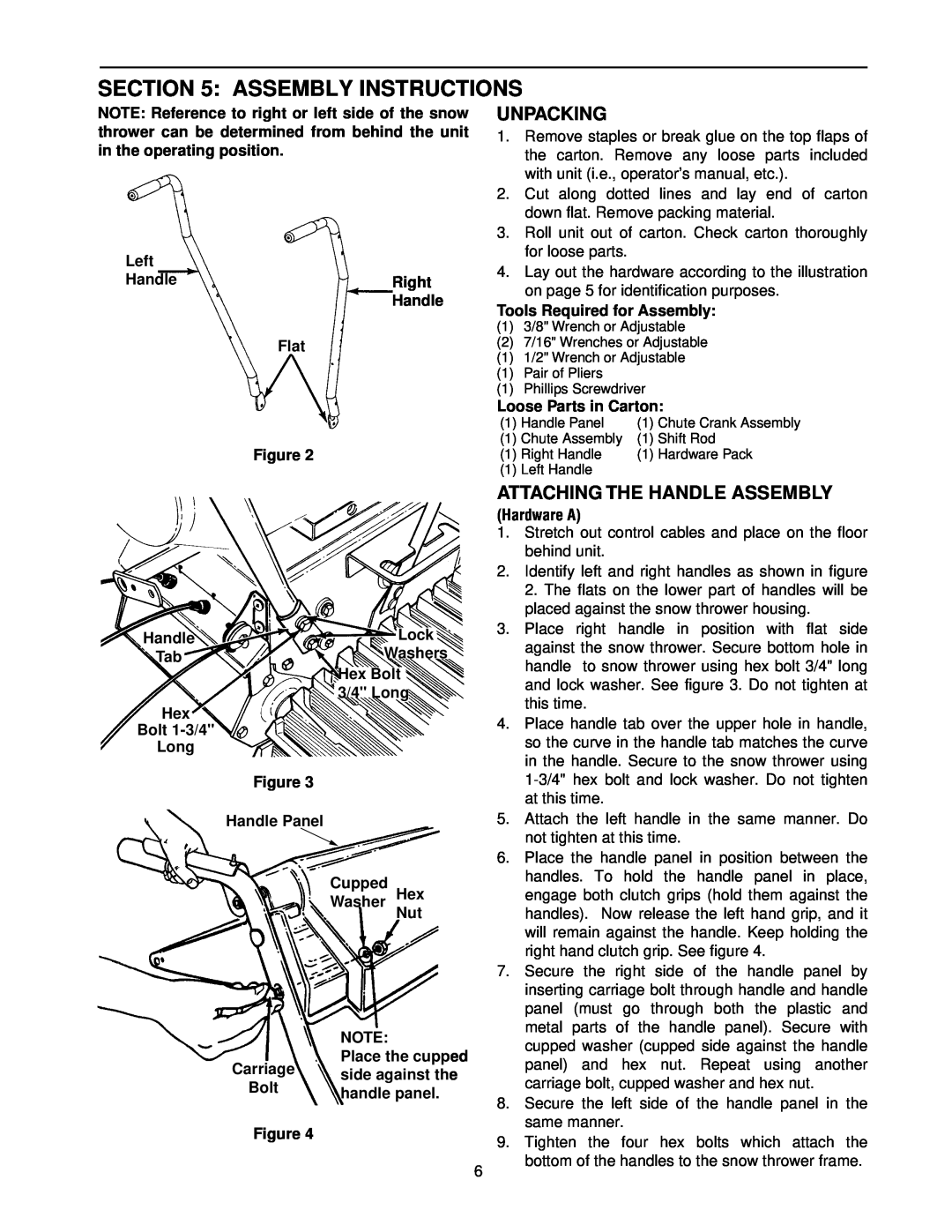 MTD E740, E760 manual Assembly Instructions, Unpacking, Attaching The Handle Assembly 
