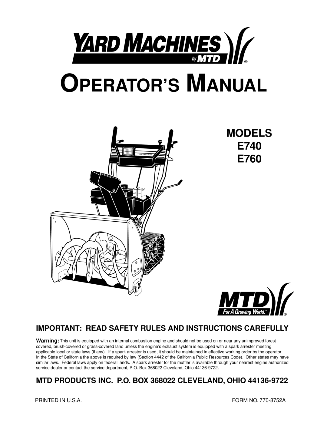 MTD E760 manual Important Read Safety Rules and Instructions Carefully, MTD Products INC. P.O. BOX 368022 CLEVELAND, Ohio 