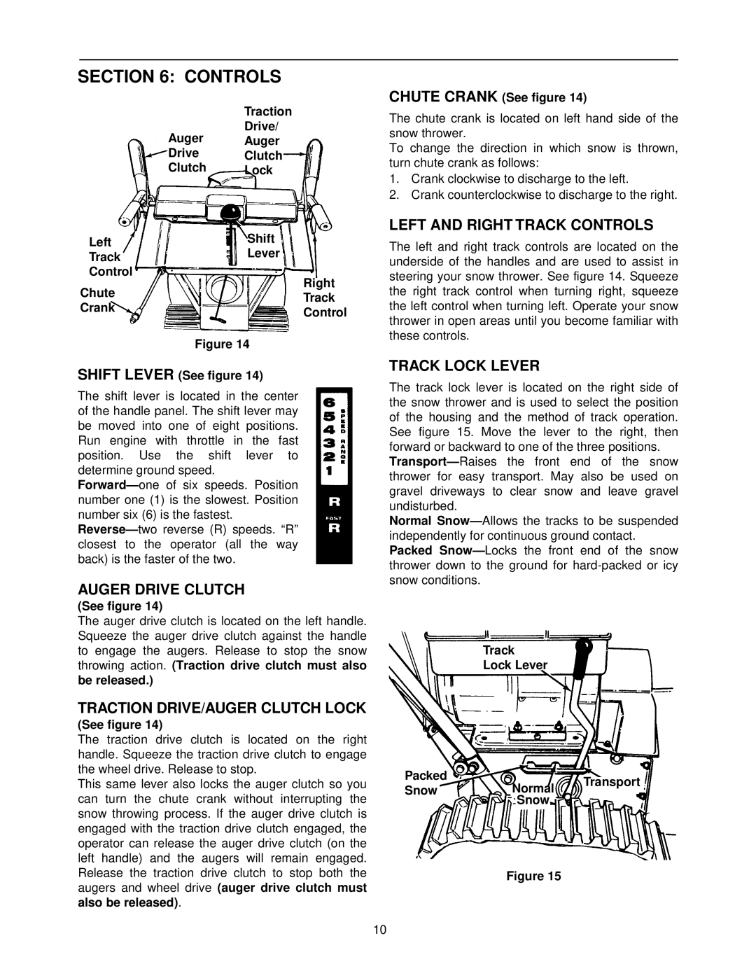 MTD E740, E760 manual Auger Drive Clutch, Left and Right Track Controls, Track Lock Lever 