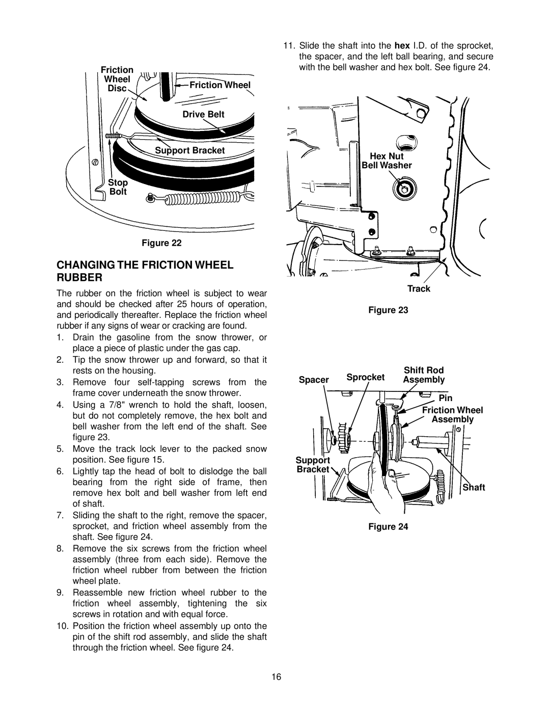 MTD E740, E760 manual Changing the Friction Wheel Rubber, Disc, Drive Belt, Support Bracket Stop Bolt 