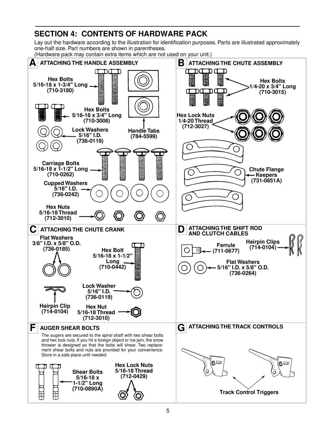 MTD E760, E740 manual Contents of Hardware Pack 