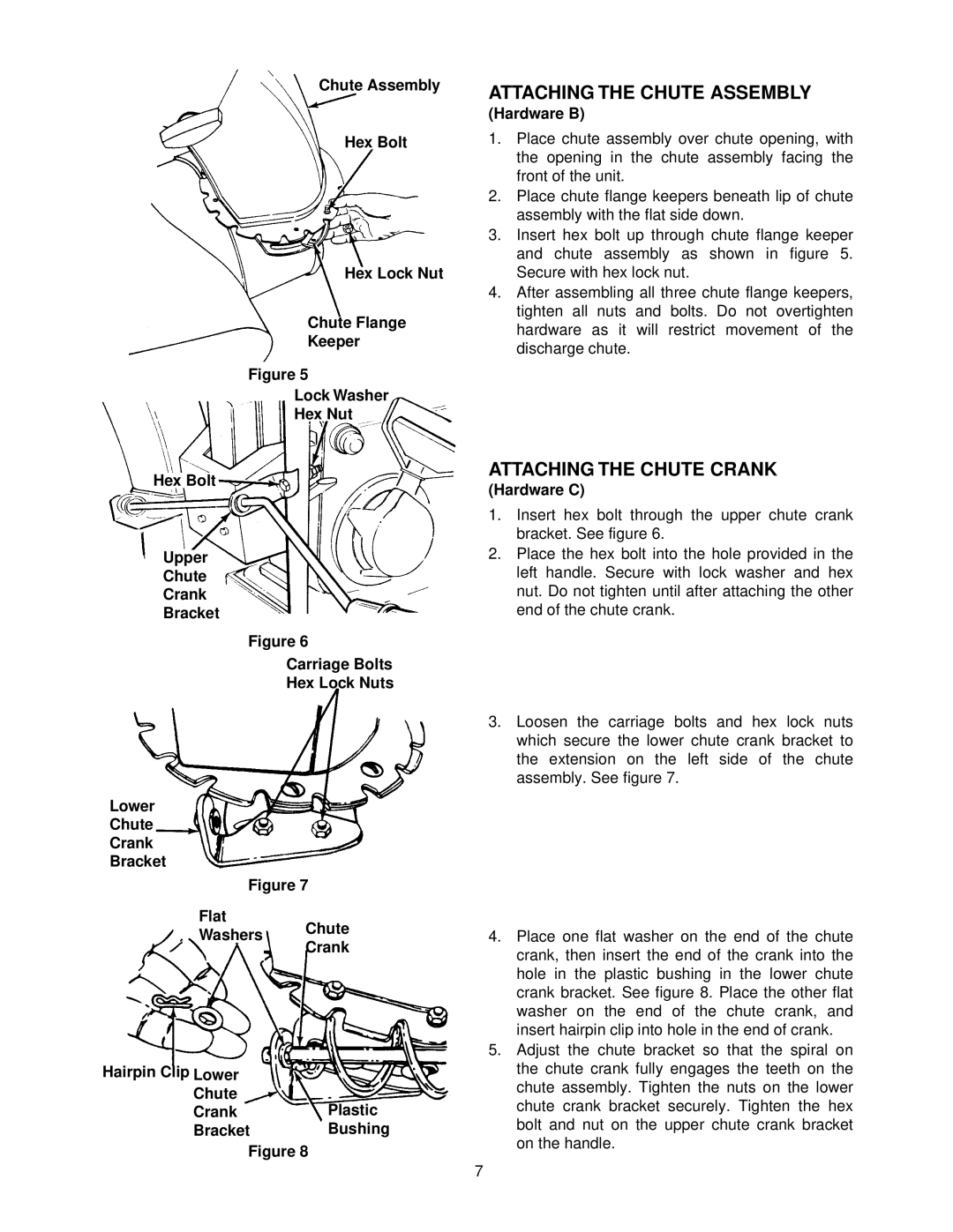 MTD E760, E740 manual Attaching the Chute Assembly, Attaching the Chute Crank, Hardware B, Hardware C 