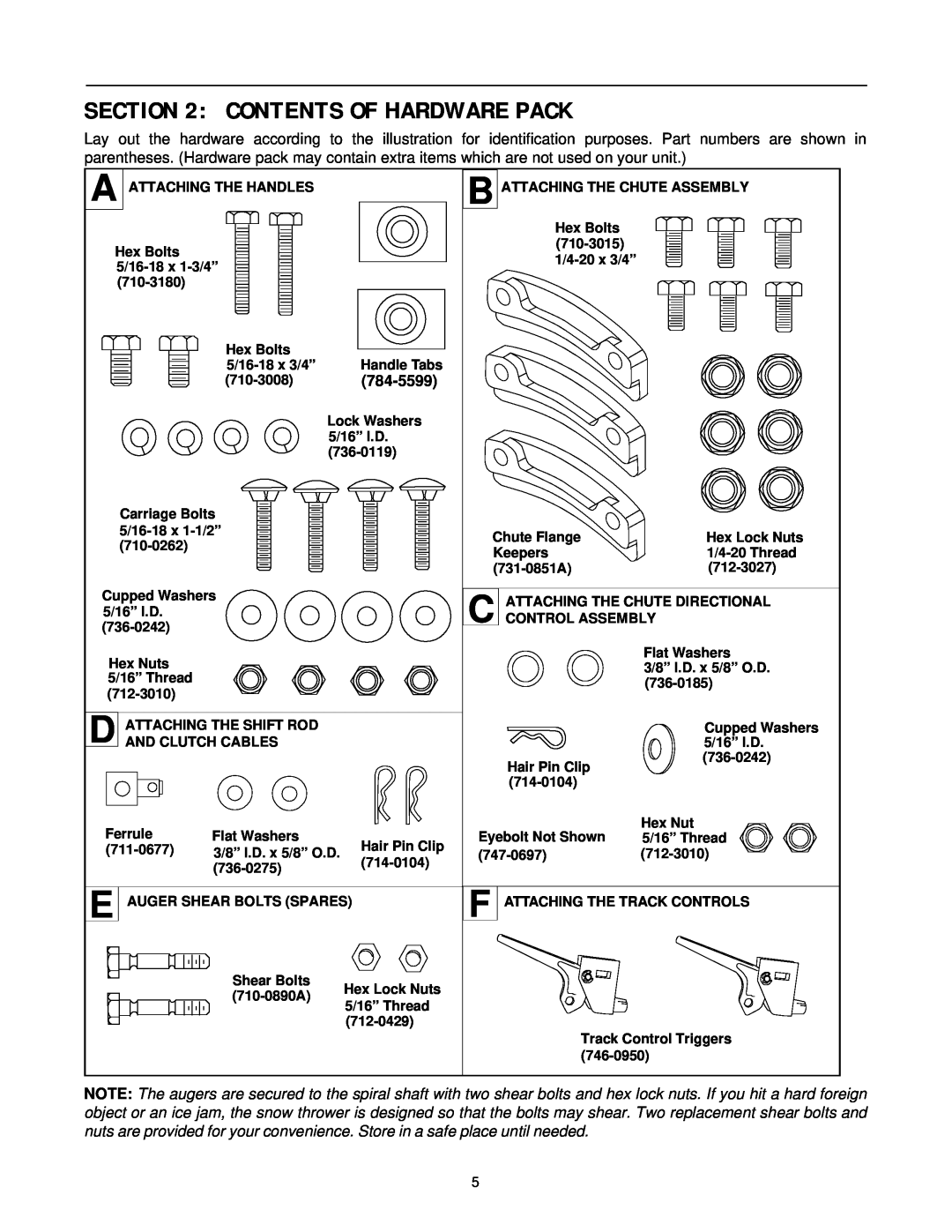 MTD E740F manual Contents Of Hardware Pack, 784-5599 