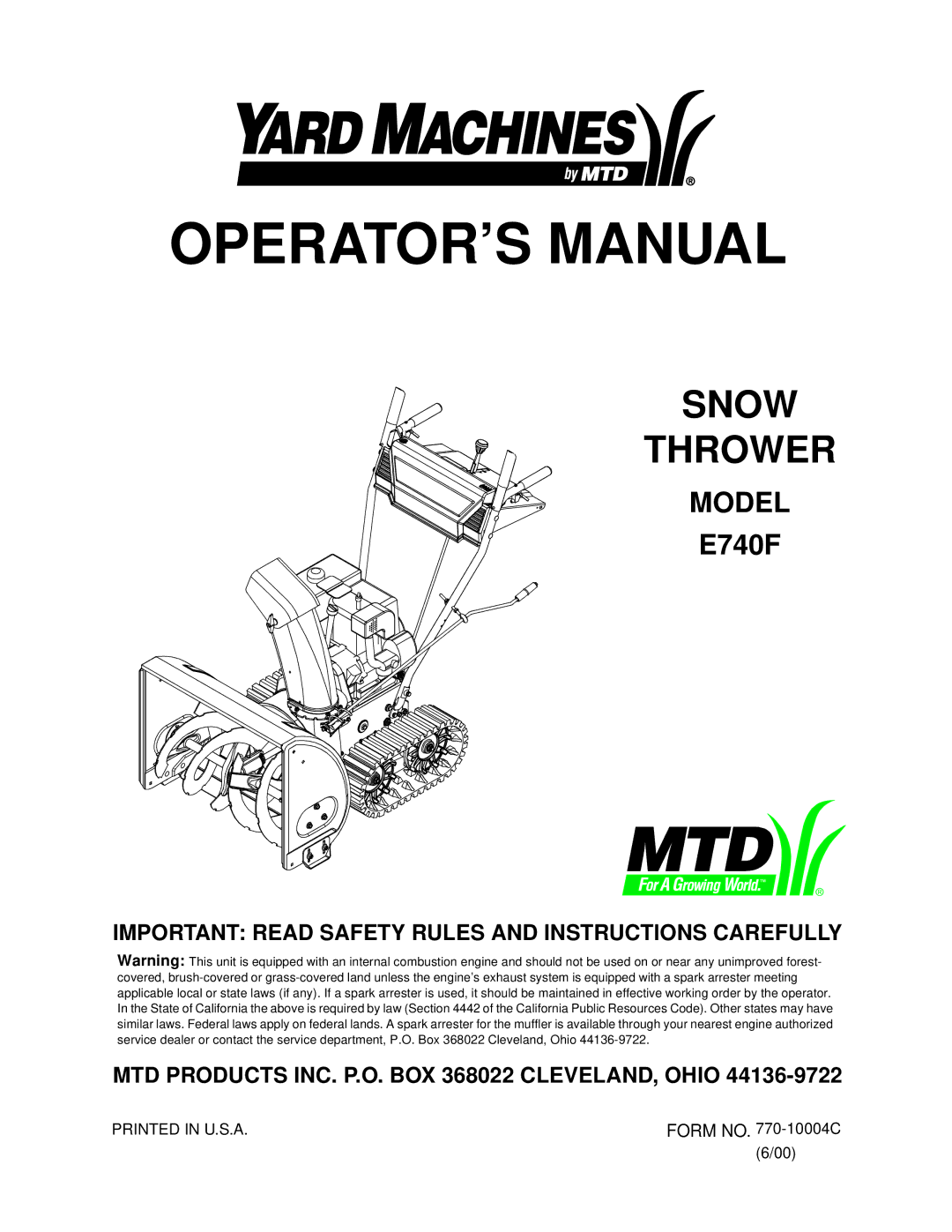 MTD E740F manual OPERATOR’S Manual 