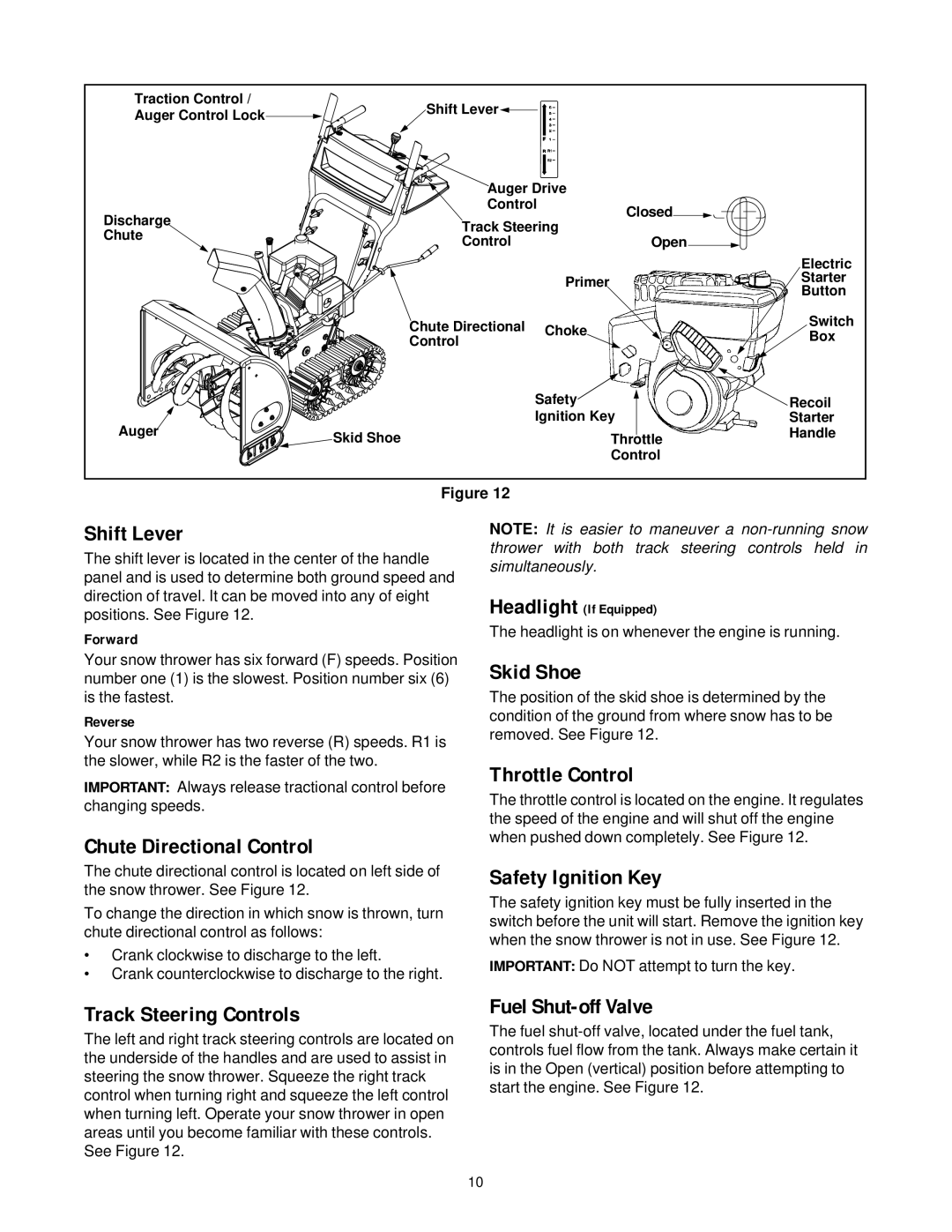 MTD E740F Shift Lever, Chute Directional Control, Skid Shoe, Throttle Control, Safety Ignition Key, Fuel Shut-off Valve 