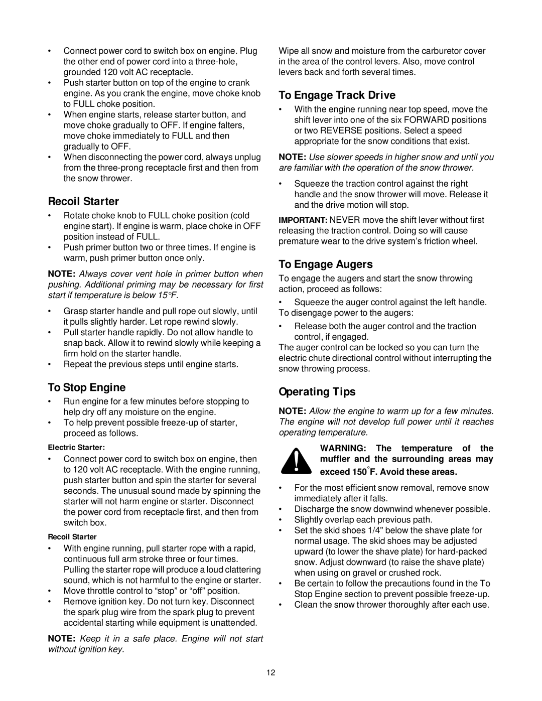 MTD E740F manual Recoil Starter, To Stop Engine, To Engage Track Drive, To Engage Augers, Operating Tips 