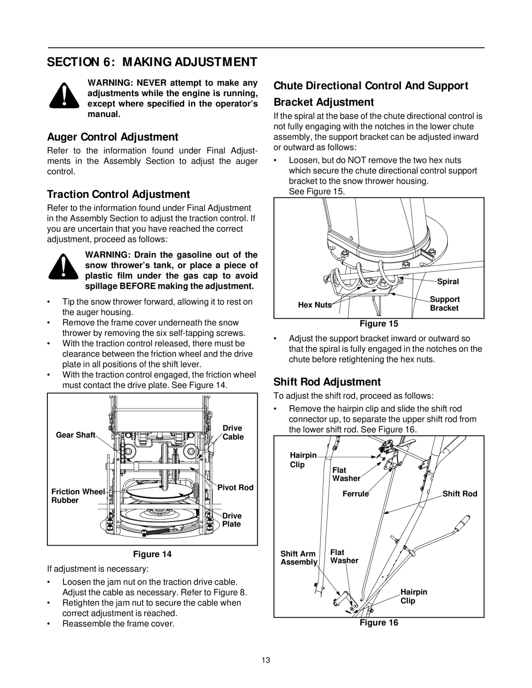 MTD E740F Auger Control Adjustment, Traction Control Adjustment, Chute Directional Control And Support Bracket Adjustment 