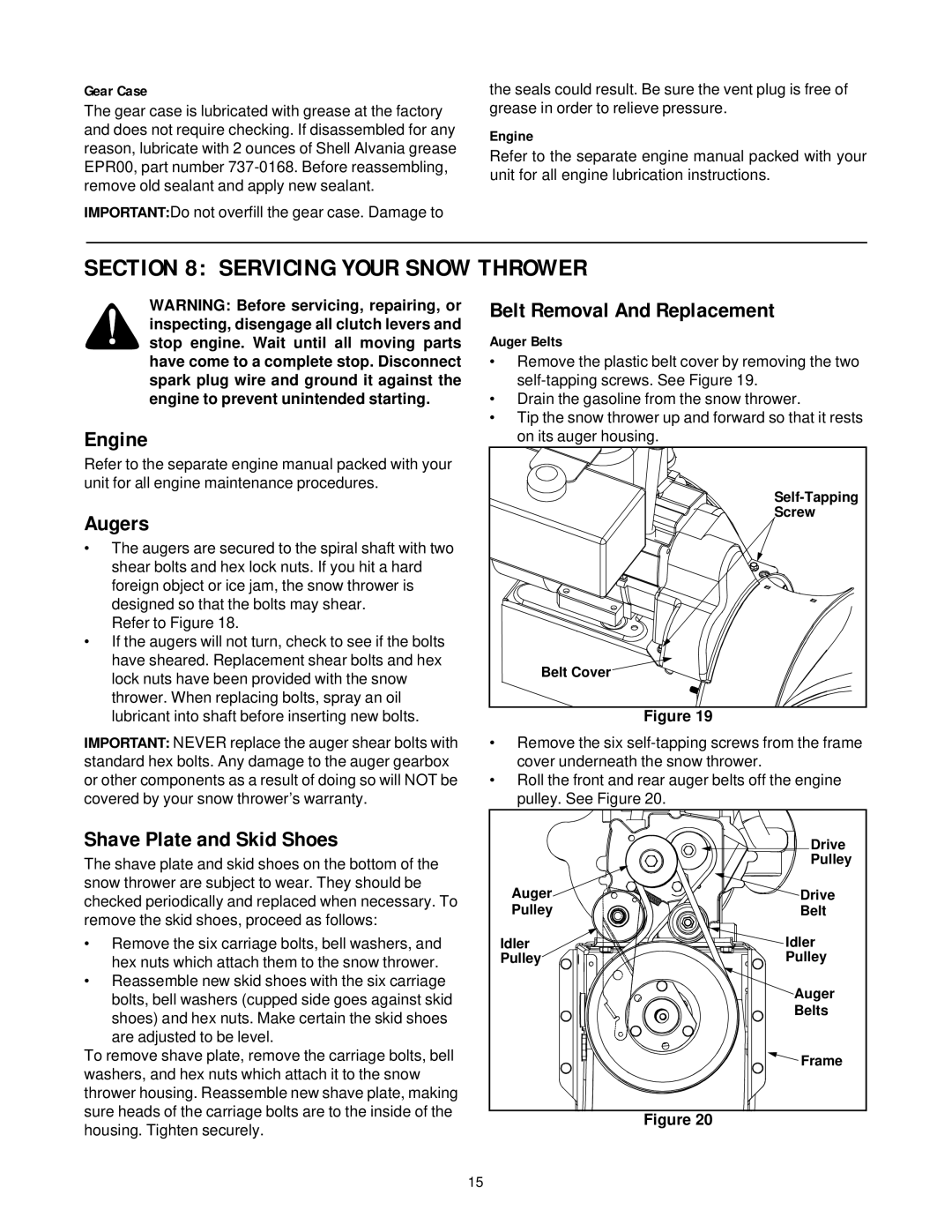 MTD E740F manual Servicing Your Snow Thrower, Engine, Augers, Belt Removal And Replacement, Shave Plate and Skid Shoes 