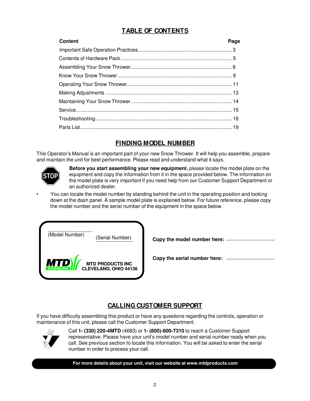 MTD E740F manual Table of Contents 