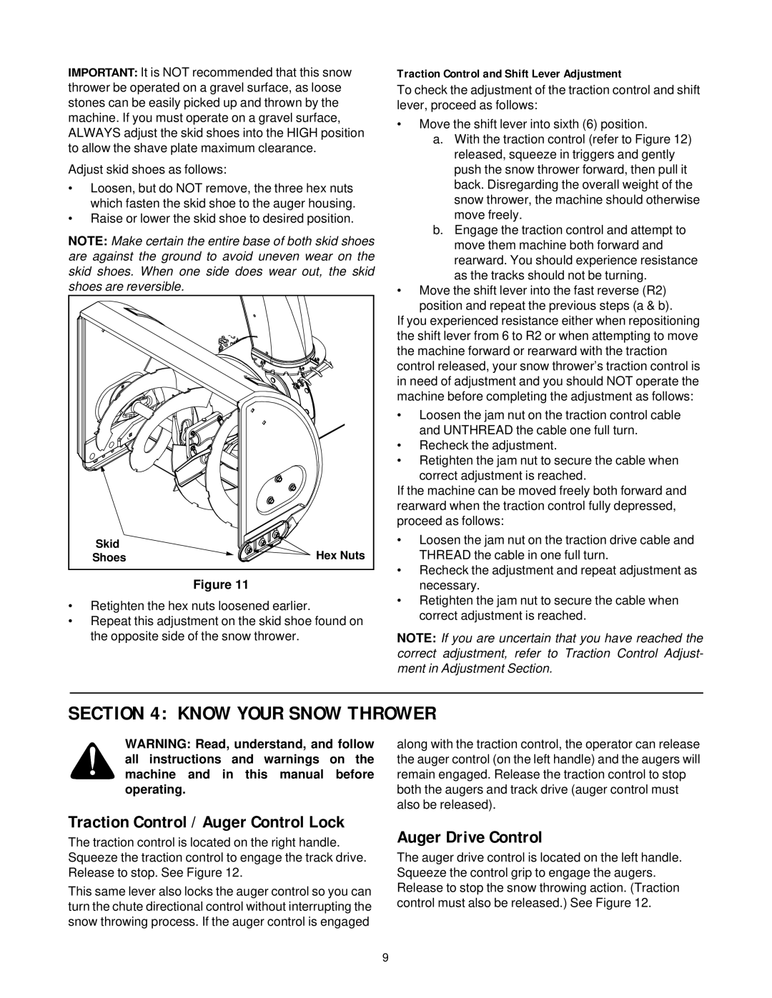 MTD E740F manual Know Your Snow Thrower, Auger Drive Control, Traction Control and Shift Lever Adjustment 