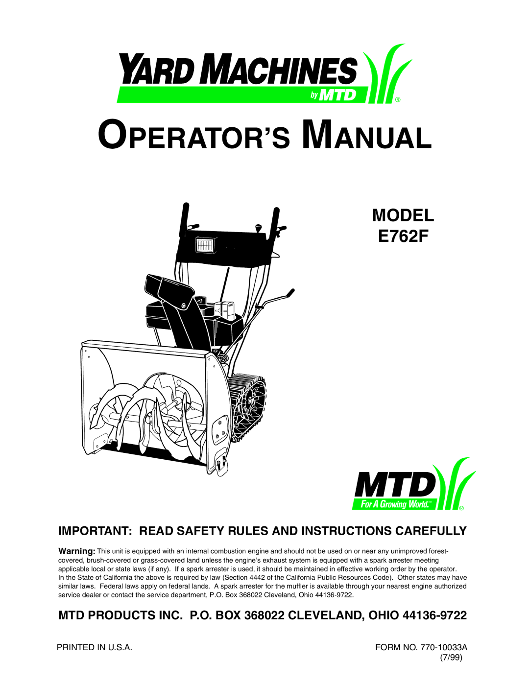 MTD E762F manual Important Read Safety Rules and Instructions Carefully, MTD Products INC. P.O. BOX 368022 CLEVELAND, Ohio 