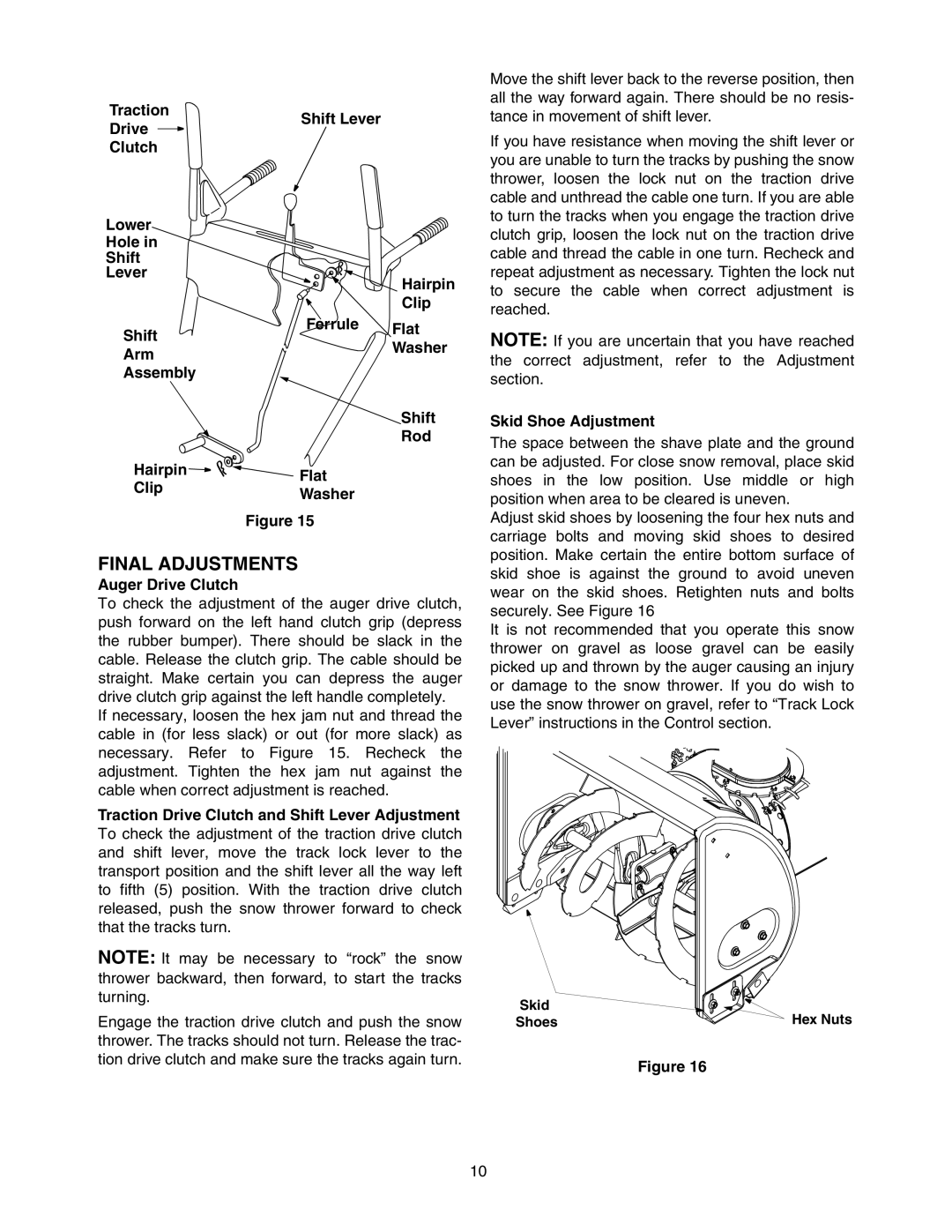 MTD E762F manual Final Adjustments, Traction, Drive Shift Lever, Auger Drive Clutch, Skid Shoe Adjustment 