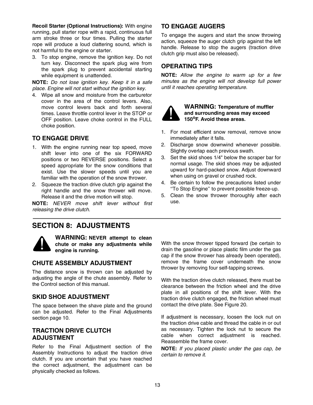 MTD E762F manual Adjustments 