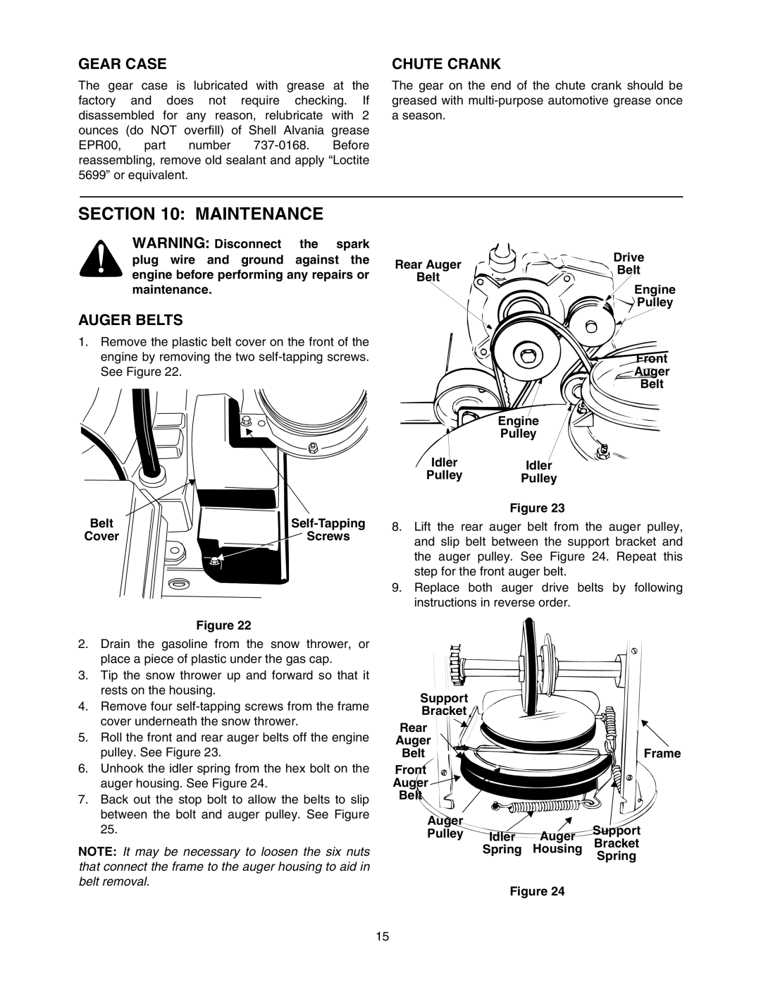 MTD E762F manual Maintenance, Gear Case, Chute Crank, Auger Belts 